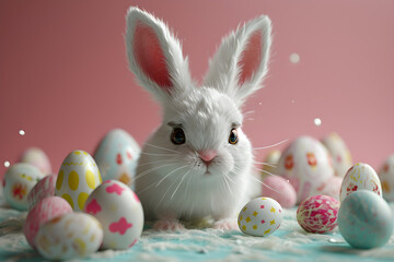 cute 3D Easter bunny with eggs background