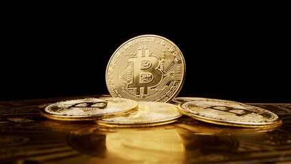 Gold coins bitcoin, close-up. The concept of virtual cryptocurrency.