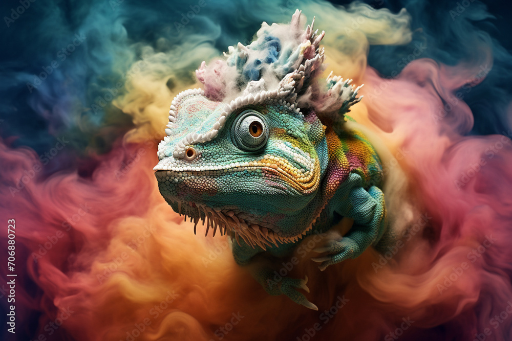 Poster a chameleon cloud blending into a multi-colored background.