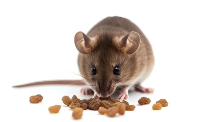 A brown pet mouse eating a raisin isolated on white