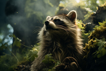 Obraz premium A raccoon cloud sneaking around on a deep forest green background.