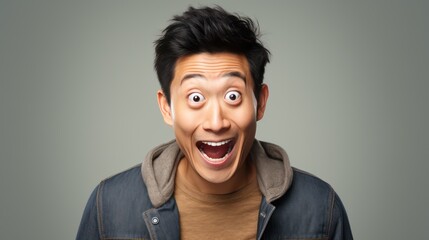 Fototapeta premium A Wow and surprised face Asian man in white t-shirt with hand point on empty space on a white isolated transparent background.