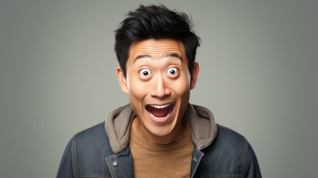 A Wow and surprised face Asian man in white t-shirt with hand point on empty space on a white isolated transparent background.