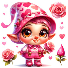 Fototapeta premium Valentines gnome, Valentines day, Rose and heart