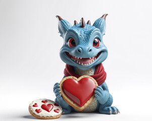 cute little dragon holding a heart-shaped cookie, valentine's day. Generative AI