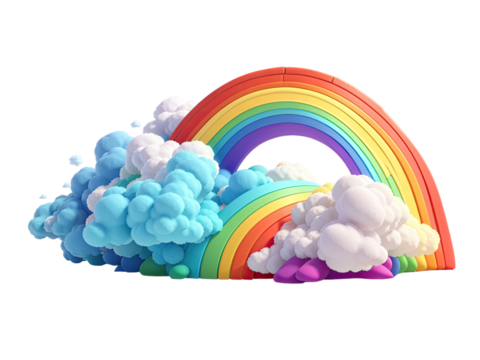 3d animation rainbow with clouds isolated on a white background