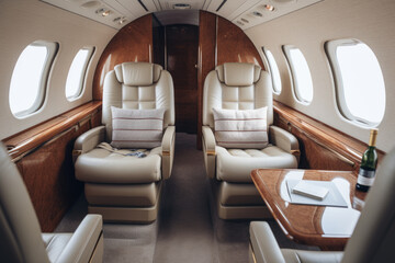 Luxurious cabin inside a private jet with plush seating. The concept depicts exclusive air travel comfort.
