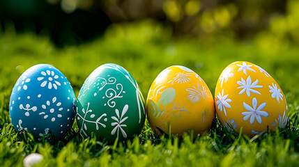 Blue and yellow easter eggs on a garden or lawn