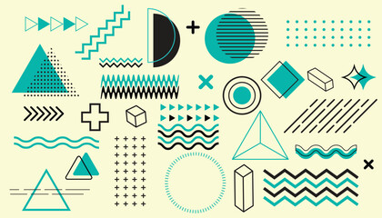 set of abstract geometric memphis style shapes vector