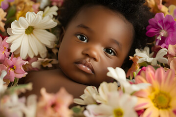 studio portrait of a black baby laying in flowers