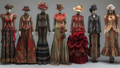 Exhibition of classic dresses from the Victorian era on mannequins 