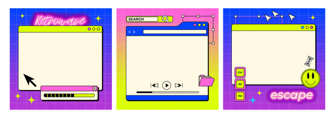 The screen of an old retro PC in the y2k style. Retro wave and vaporwave background. Bright vintage computer interface