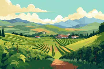 Fototapeta na wymiar Illustration of picturesque vineyards with grapevines and hilly landscape. Generative AI