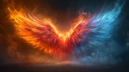 Fotobehang burning angel wings in different colors on a plain background, Generative AI © Dzmitry