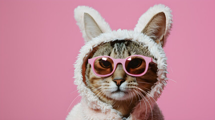 studio portrait of cat wearing sunglasses isolated on pink background with copy space