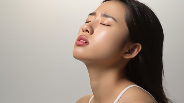A Portrait of a young Asian woman in pain on a white isolated transparent background.