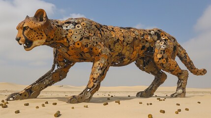 Dynamic Ammunition Cheetah Sculpture in Desert - obrazy, fototapety, plakaty