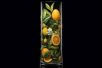 An artwork featuring citrus fruits and foliage placed inside a slender glass. Generative AI