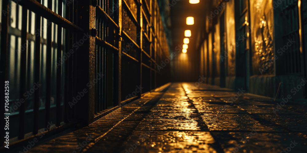 Poster A mysterious and eerie scene of a dark alleyway with a single light shining through. Perfect for adding suspense and intrigue to any project