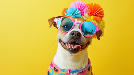 studio portrait of dog wearing birthday sunglassess isolated on yellow background