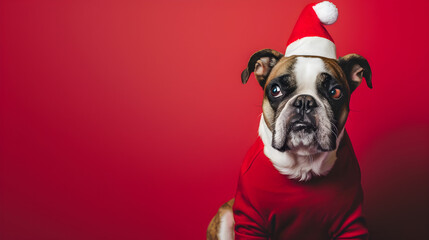 studio portrait of bulldog wearing Christmas hat isolated on red background with copy space