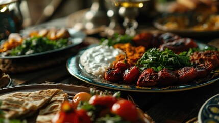 A wooden table with an assortment of delicious food. Perfect for food bloggers, restaurant menus, or cooking magazines