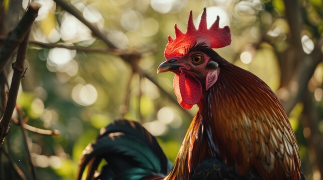 A close-up photograph of a rooster perched in a tree. This image can be used to depict nature, farm life, or animal behavior