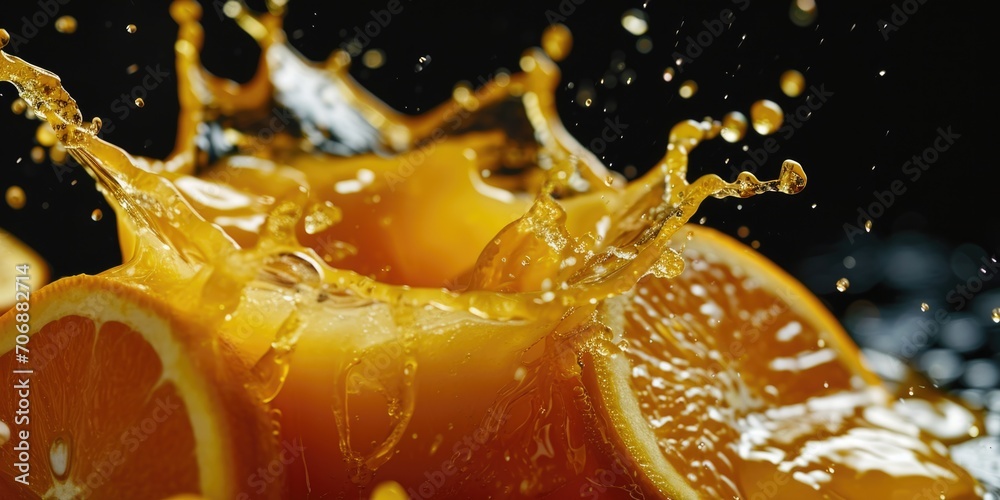 Poster fresh orange slices captured in a close-up shot with a vibrant splash of water. ideal for food and b