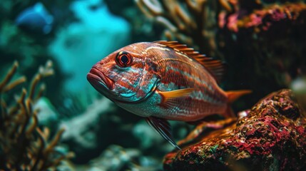 A detailed view of a fish resting on a rock. This image can be used to depict aquatic life, nature, or marine ecosystems