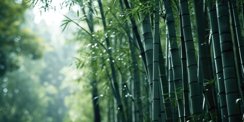 A group of tall bamboo trees in a forest. Perfect for nature-themed designs and backgrounds