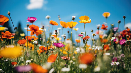 A field of colorful wildflowers basking in the bright sunshine against a clear blue sky, showcasing nature's splendor.