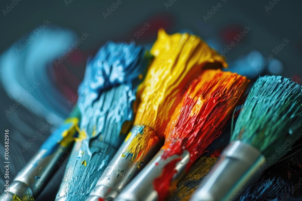 Poster a close up view of a bunch of paint brushes. perfect for artistic projects and creative concepts