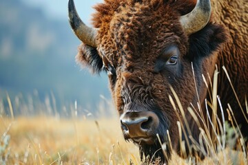 A close-up view of a bison's face in a field. This image can be used to depict the beauty and strength of wildlife in natural habitats