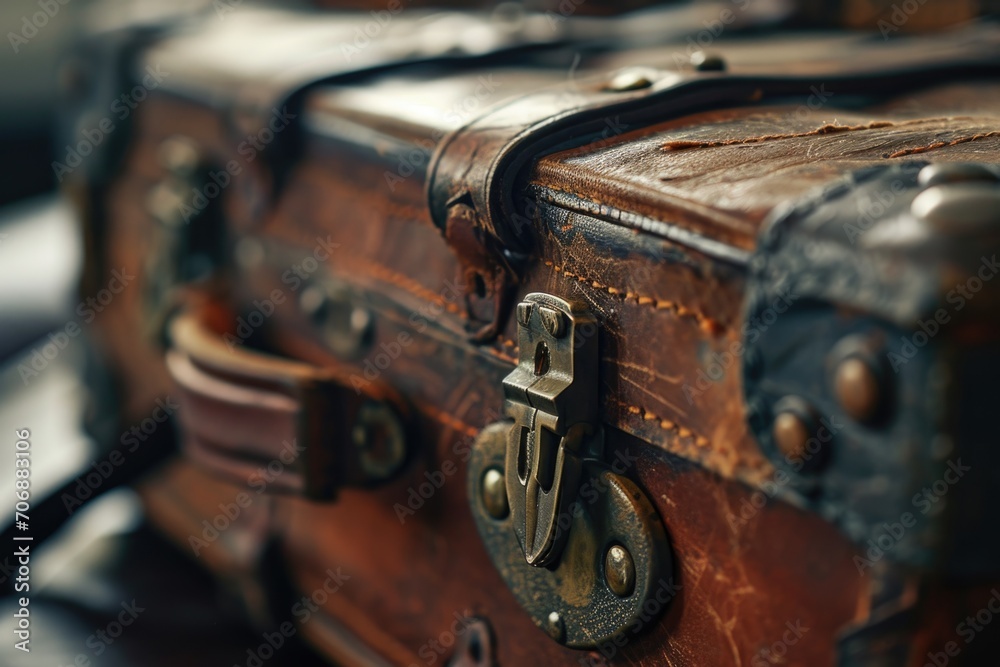 Poster a detailed view of a suitcase placed on a table. suitable for travel and vacation-related concepts