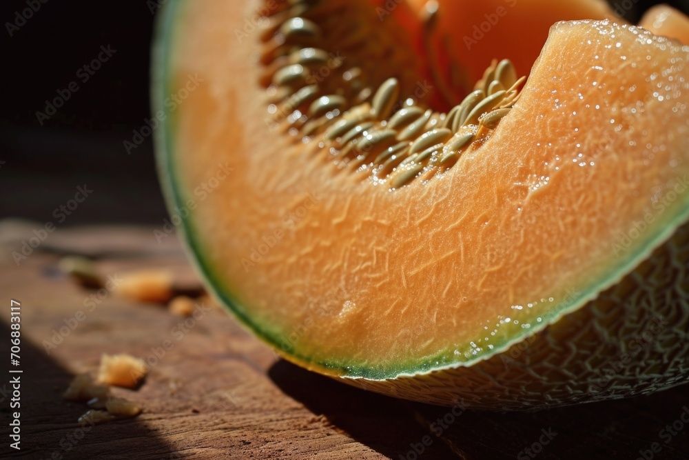 Poster a close-up view of a sliced melon on a cutting board. this image can be used to depict healthy eatin