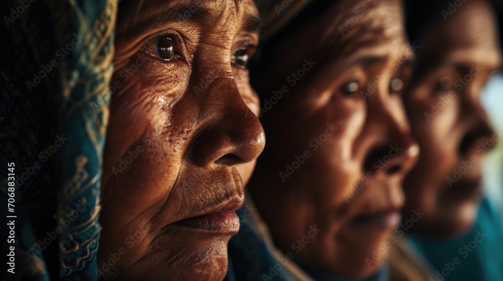 Wall mural A group of women sitting next to each other. Can be used to depict friendship, teamwork, diversity, or a social gathering