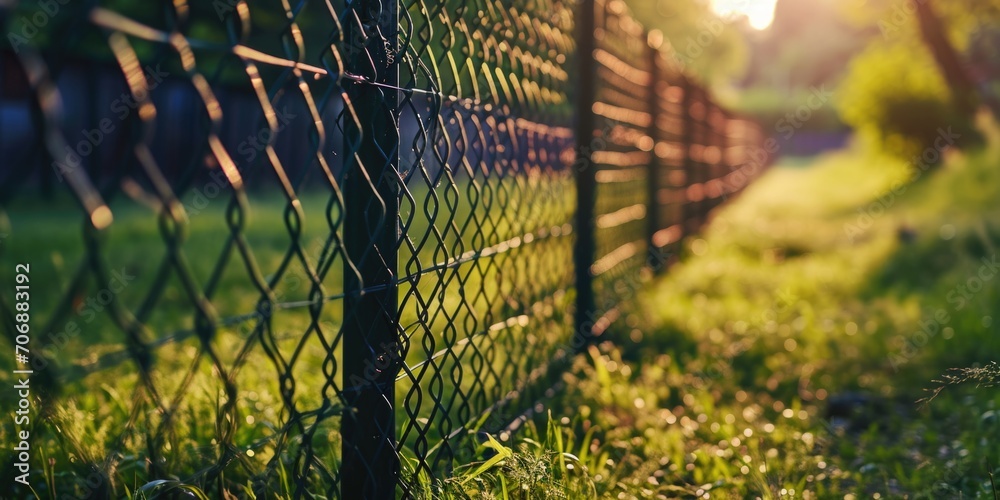 Poster a picturesque image of the sun setting behind a fence in the grass. perfect for nature lovers or tho