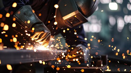 Industrial worker using torch to welding metal in factory, closeup