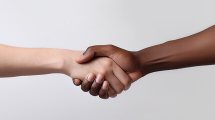 Interracial black and white handshake on light gray background