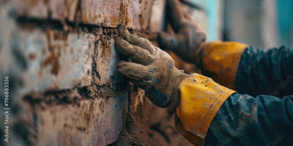 Aufkleber a man in a yellow and black jacket and gloves is seen working on a brick wall. this image can be use