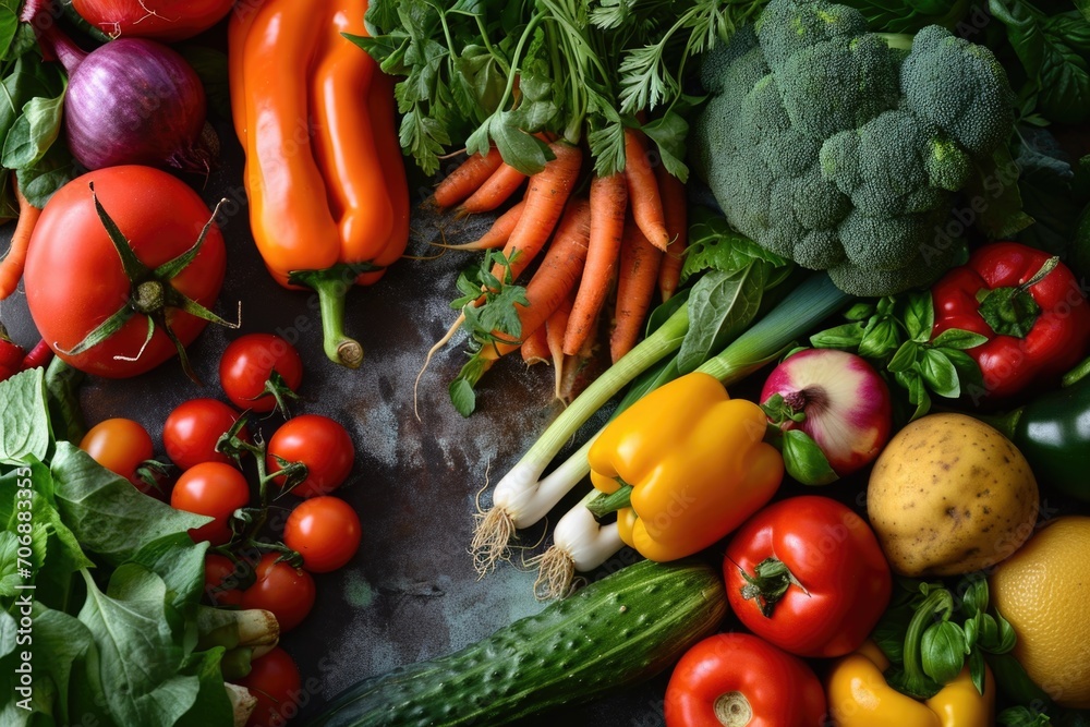 Poster A variety of different types of vegetables arranged neatly on a table. Perfect for showcasing the abundance of fresh produce or promoting healthy eating habits
