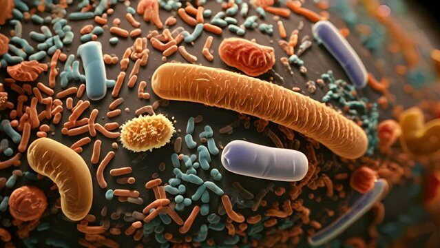 A microscopic view of the gut lining, with labels pointing to the various beneficial bacteria residing on its surface.