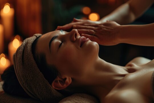 A woman is pictured receiving a relaxing facial massage at a spa. This image can be used to showcase the benefits of spa treatments for relaxation and self-care
