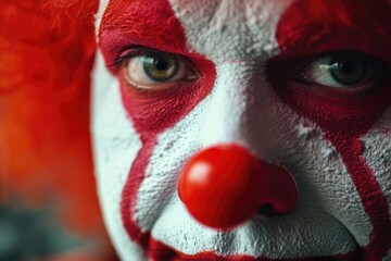 A close-up view of a clown's face with a distinctive red nose. This image can be used to depict the playful and humorous nature of clowns.