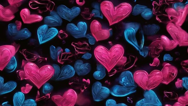 pattern with neon icons of blue and pink hearts on black background, motion