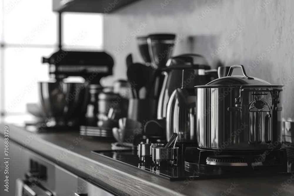 Poster a black and white photo of a kitchen counter. versatile image suitable for various uses
