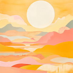 Big Bright Sun in the Horizon Landscape Nature Abstract Illustration