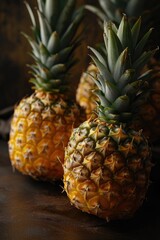 A couple of pineapples sitting on top of a wooden table. Suitable for tropical-themed designs and food-related projects