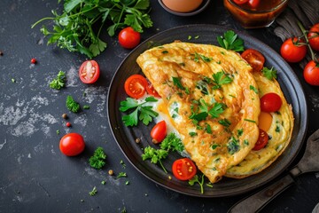 A delicious omelet made with tomatoes and parsley, served on a plate. Perfect for a healthy breakfast or brunch option - obrazy, fototapety, plakaty