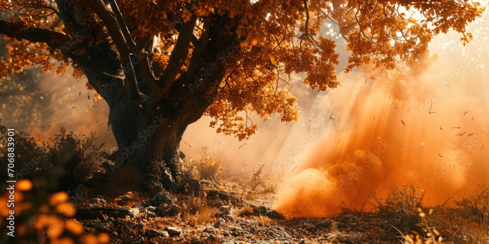 Poster an orange dust cloud is seen in the air near a tree. this image can be used to depict environmental 